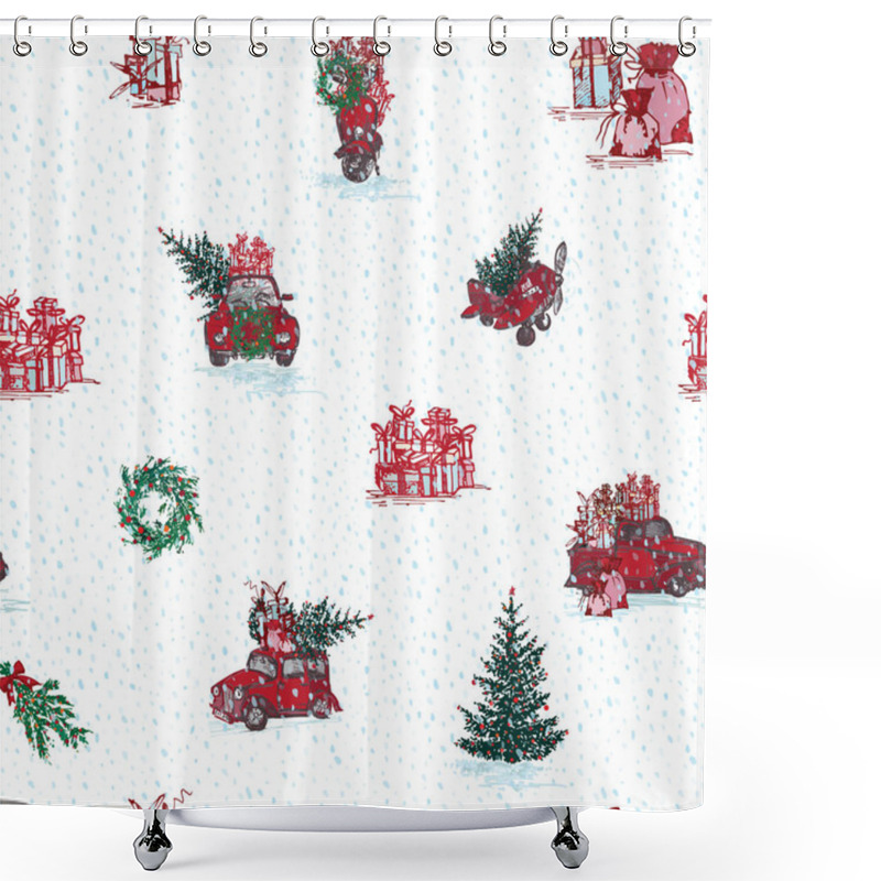 Personality  Vintage Seamless Merry Christmas Pattern In Hand Drawn Style On White Background. Gift Holiday Winter Line Icon Shower Curtains