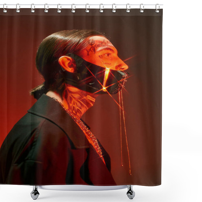 Personality  Portrait Of Young Stylish Man Posing In Profile With Sparks Of Light On His Laced Mask, Fashion Shower Curtains