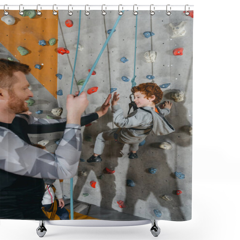 Personality  Boy On Climbing Wall High-fiving Father Shower Curtains