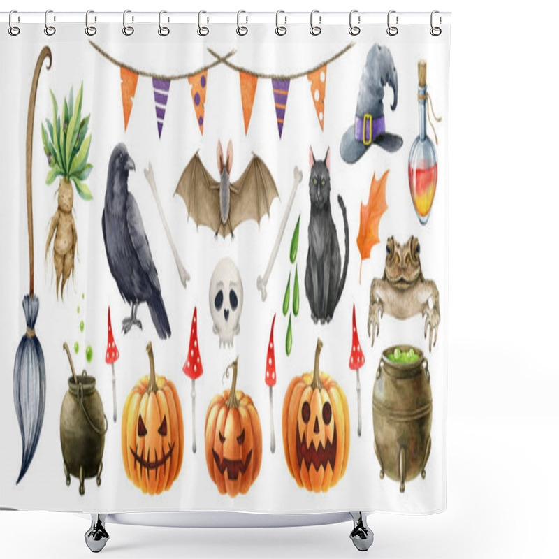 Personality  Halloween Symbol Single Element Set. Hand Drawn Autumn Festive Halloween Collection. Watercolor Toad, Garland Illustration. Scary Jack Head Pumpkin, Black Cat, Bat, Ghost, Broom White Background Shower Curtains