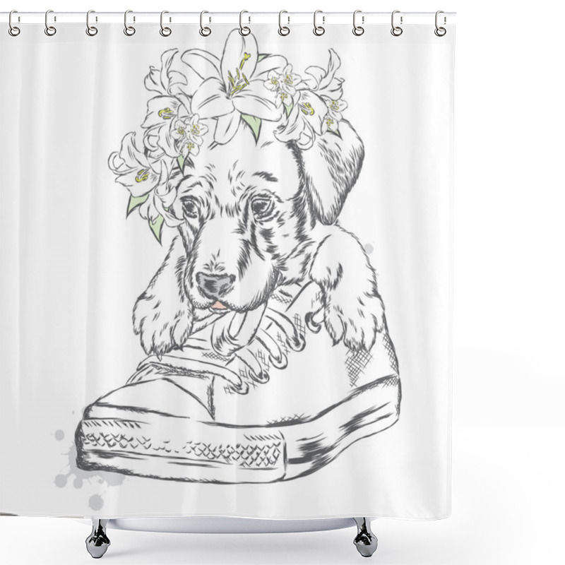 Personality  Cute Puppy Sitting In Gym Shoes. Vector Illustration For Greeting Card, Poster, Or Print On Clothes. Shower Curtains