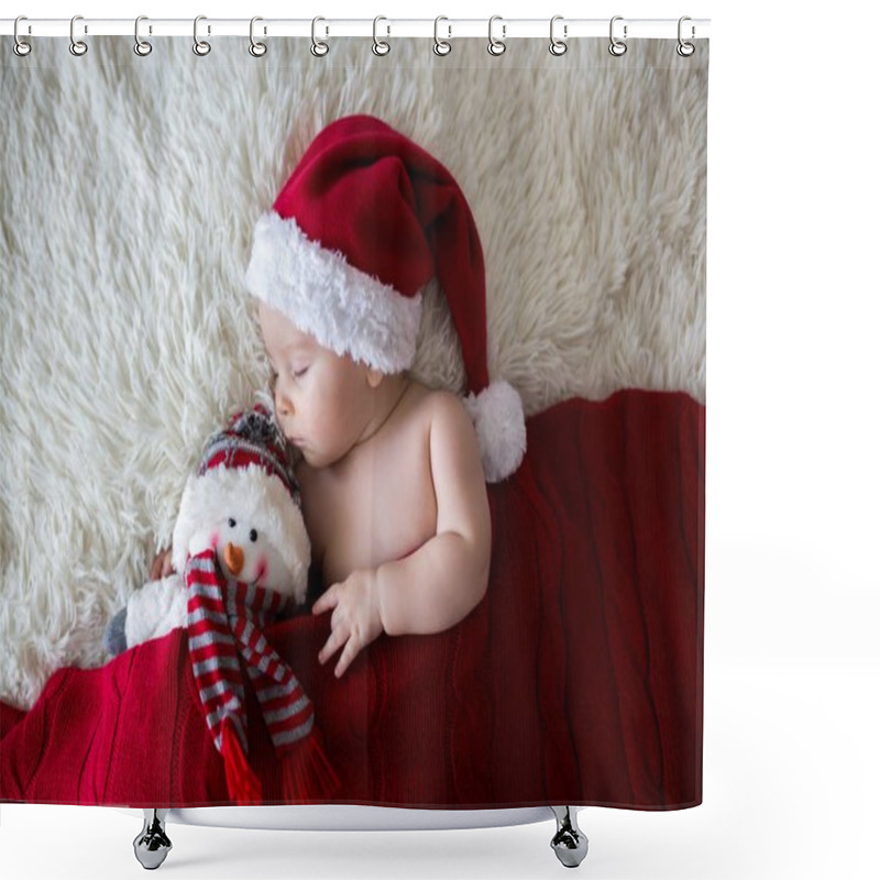 Personality  Little Sleeping Newborn Baby Boy, Wearing Santa Hat Shower Curtains