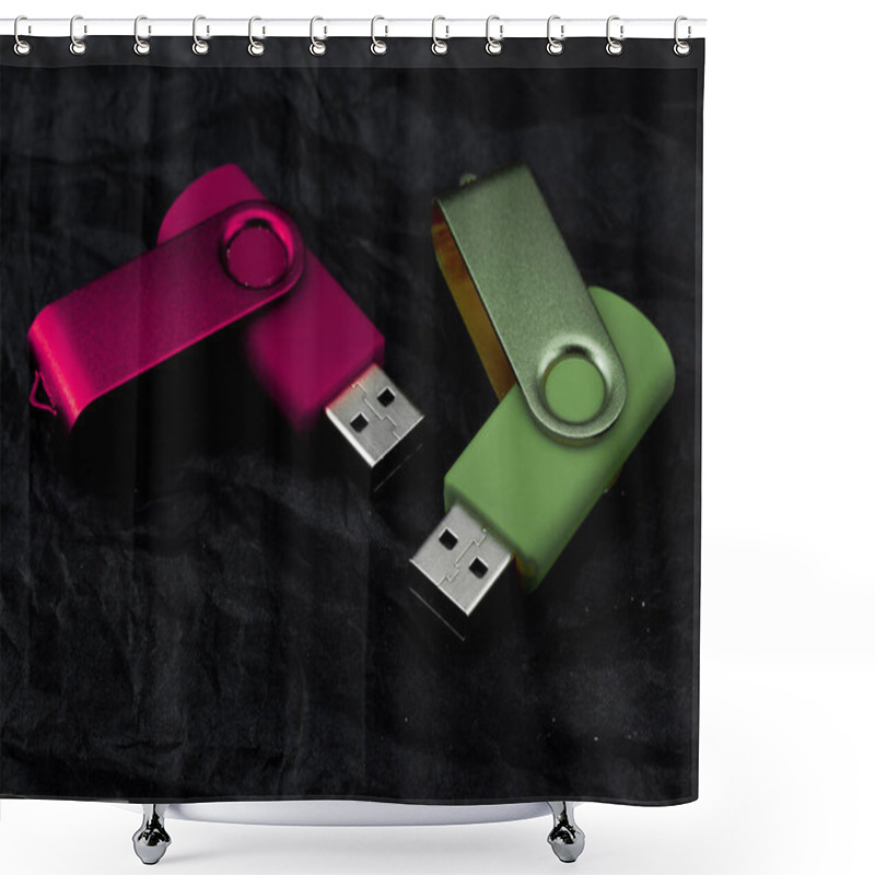 Personality  Couple Of Coloured Pen Drive On Dark Background Shower Curtains