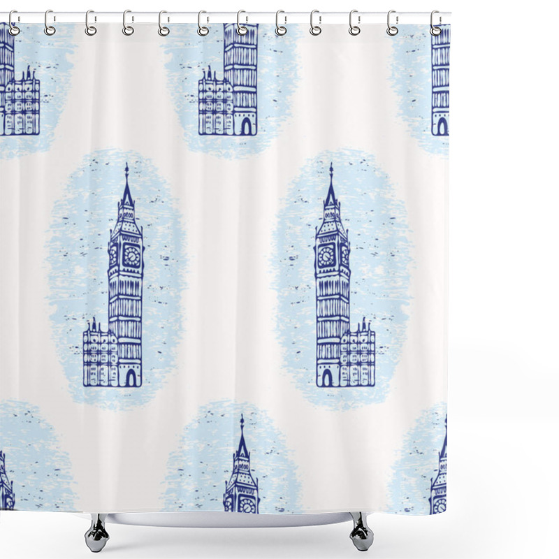 Personality  Vignette London Big Ben Clock Tower Seamless Vector Pattern. Famous Shower Curtains