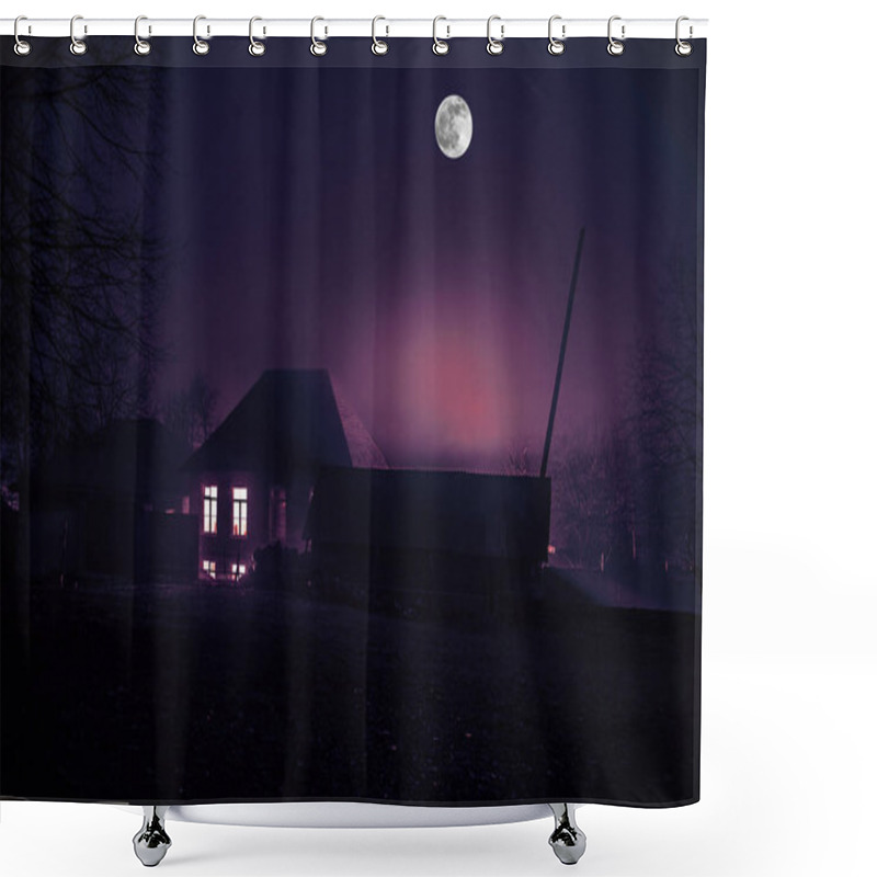 Personality  House In Fog At Night In The Garden, Landscape Of Ghost House In The Dark Forest With Big Full Moon Shower Curtains