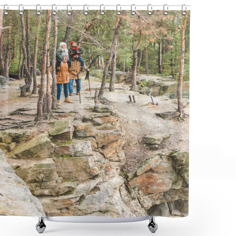 Personality  Family Standing On Rock In Forest Shower Curtains