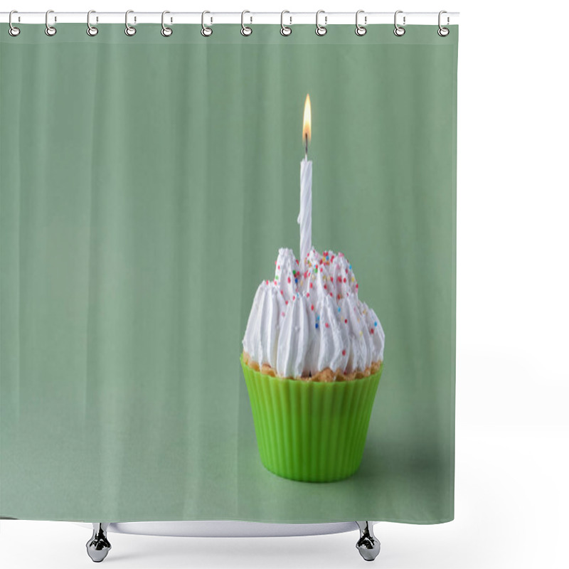 Personality  Tasty Birthday Cupcake With Candle, On Green Background, With Free Space Shower Curtains