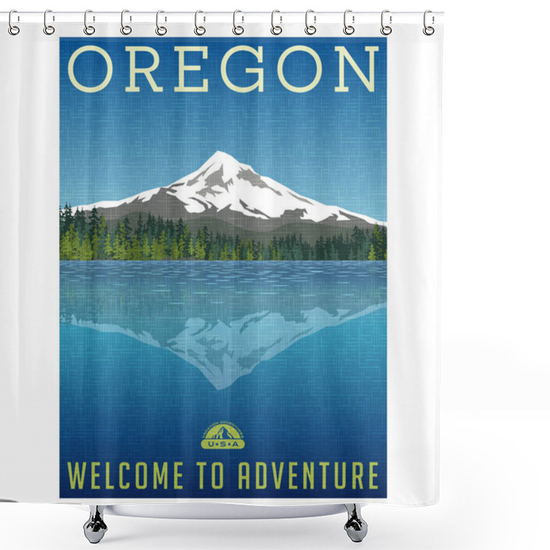 Personality  Oregon, United States Travel Poster Or Luggage Sticker. Scenic Illustration Of Mt. Hood Behind Lake With Reflection. Shower Curtains