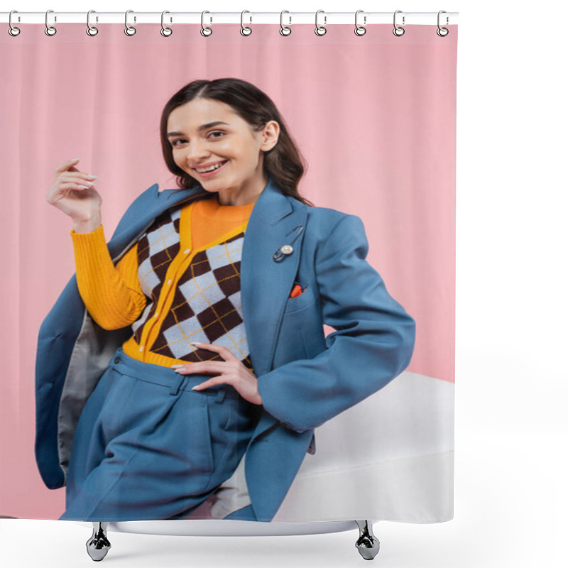 Personality  Smiling Woman In Blue Suit And Bright Cardigan Posing With Hand On Hip Near White Cube Isolated On Pink Shower Curtains