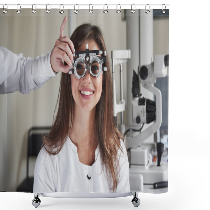 Personality  Looks Like Woman Satisfied By Results. Girl Wears Glasses In Eye Clinic And Smiling At Background Of Medical Equipment. Shower Curtains