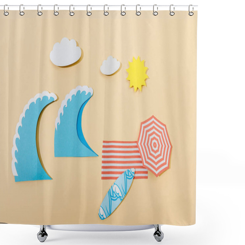 Personality  Top View Of Paper Cut Summer Beach On Beige Background Shower Curtains