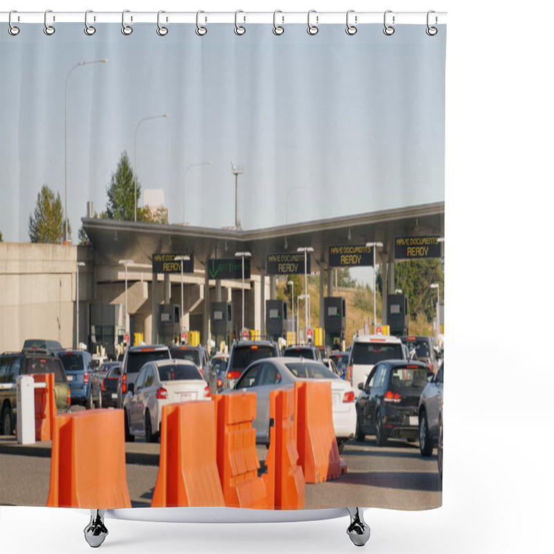 Personality  Hot Day, Hot Air Waves Over Hot Cars. Cars Waiting At The Border Between Canada And The United States.  Shower Curtains