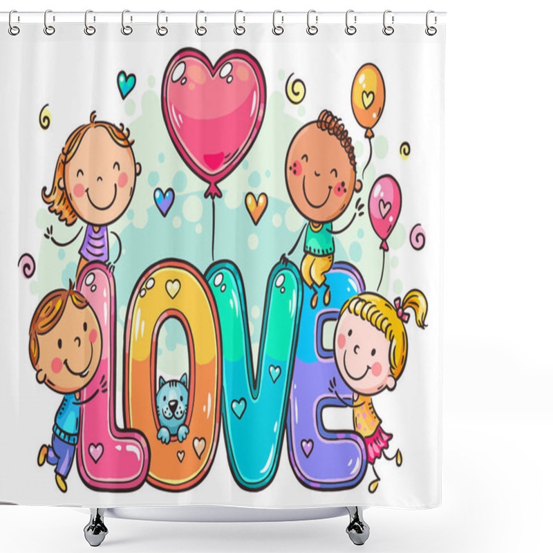 Personality  Happy Childrens Day. Doodle Kids With Love Lettering. Cartoon Children With Balloons. Colorful Flat Vector Illustration Shower Curtains