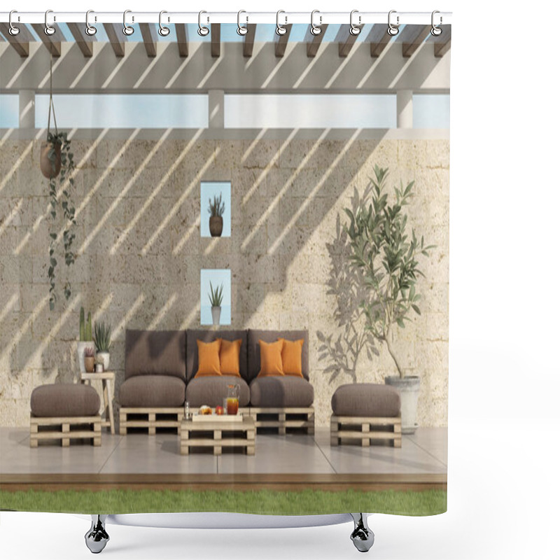 Personality  Garden With Pallet Sofa And Wooden Pergola With Stone Wall On Background - 3d Rendering Shower Curtains