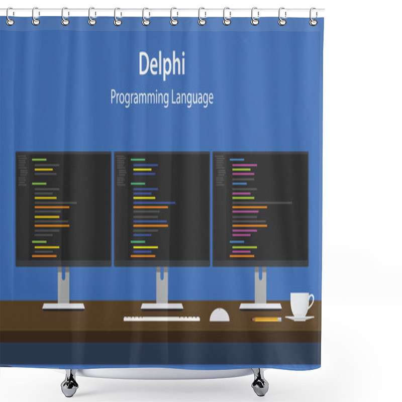 Personality  Illustration Of Delphi Programming Language Code Displayed On Three Monitor In A Row At Programmer Workspace Shower Curtains