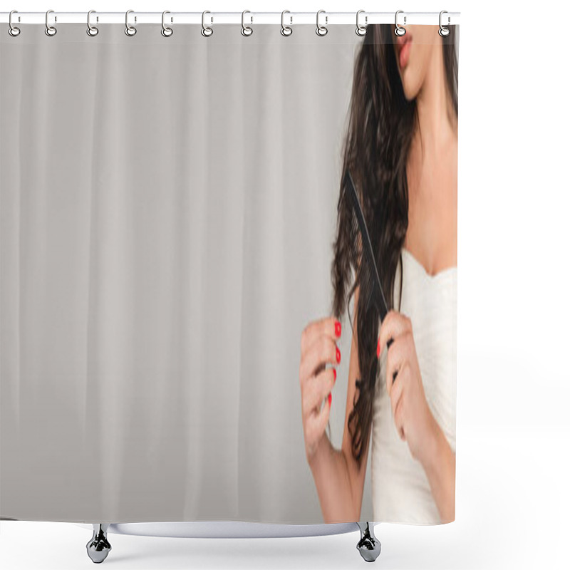 Personality  Partial View Of Brunette Woman Brushing Long And Damaged Hair With Comb Isolated On Grey, Banner Shower Curtains