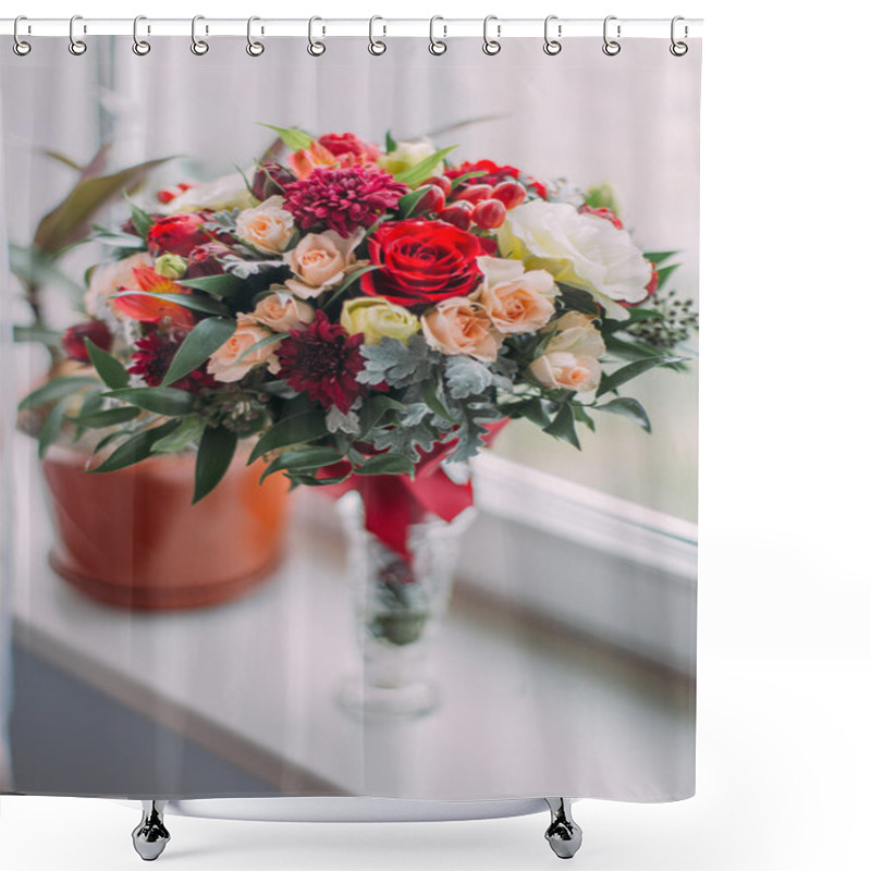 Personality  Beautiful Bouquet Of Red, White And Pale Pink Roses In Crystal Vase On Windowsill. Close-up Shower Curtains