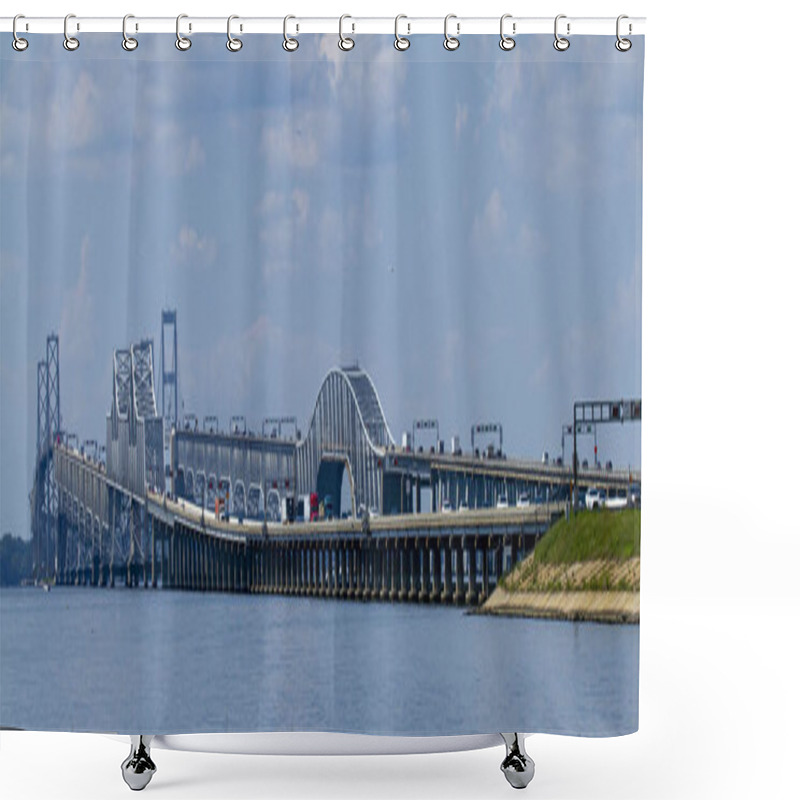 Personality  A Day Time Wide Angle Image Showing The Rush Hour Traffic On Chesapeake Bay Bridge. It Features Detailed View Of The Bridge With Columns And Suspensions As Well As The Boats Passing Under. Shower Curtains