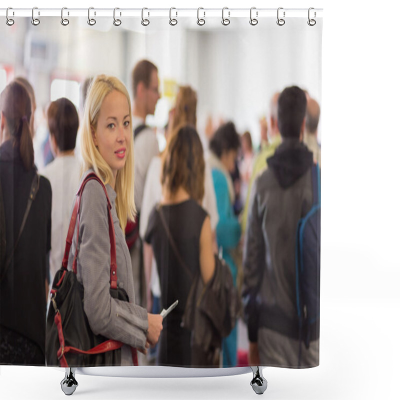 Personality  Young Blond Caucsian Woman Waiting In Line. Shower Curtains