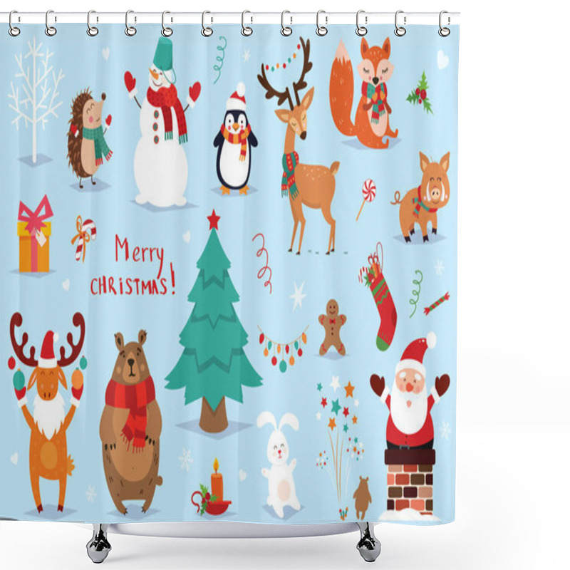 Personality  Set Of Christmas And New Year Elements With Animals And Santa. Vector Illustration. Shower Curtains