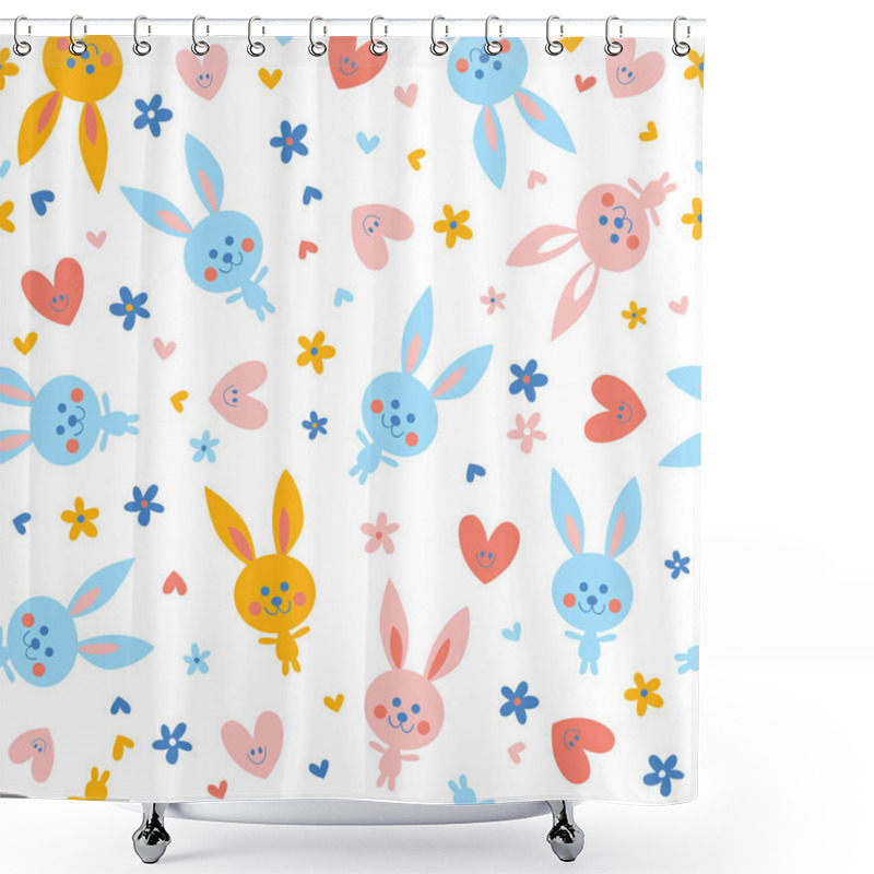 Personality  Cute Baby Bunnies Flowers And Hearts Seamless Pattern Shower Curtains