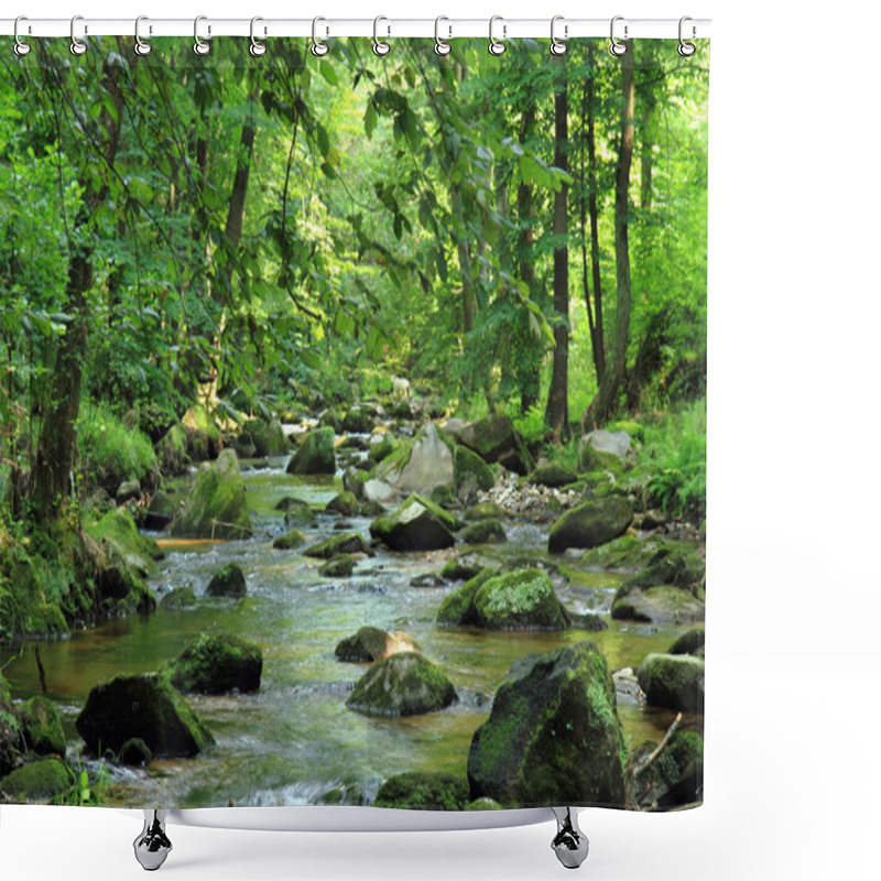 Personality  Small River In The Green Forest  Shower Curtains