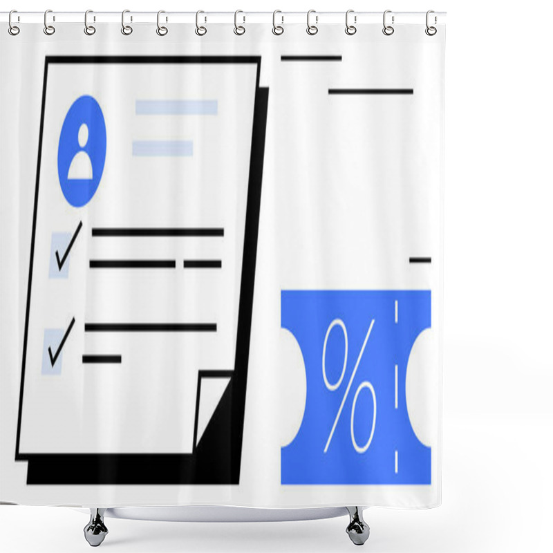 Personality  Customer Feedback Form With Checkmarks And Blue Icon, Alongside A Blue Coupon With A White Percentage Sign. Ideal For Customer Satisfaction, Feedback Collection, Promotional Offers, Discounts Shower Curtains