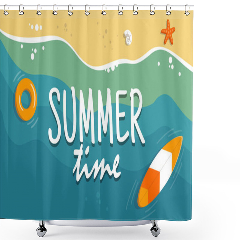 Personality  Aerial View Of Summer Beach. Background Tamplate With Text Summer Time. Vacation On The Tropical Seaside. Holiday On Sea Sand. Concept For Poster And Other Promotional Material. Vector Illustration In Flat Style. Shower Curtains