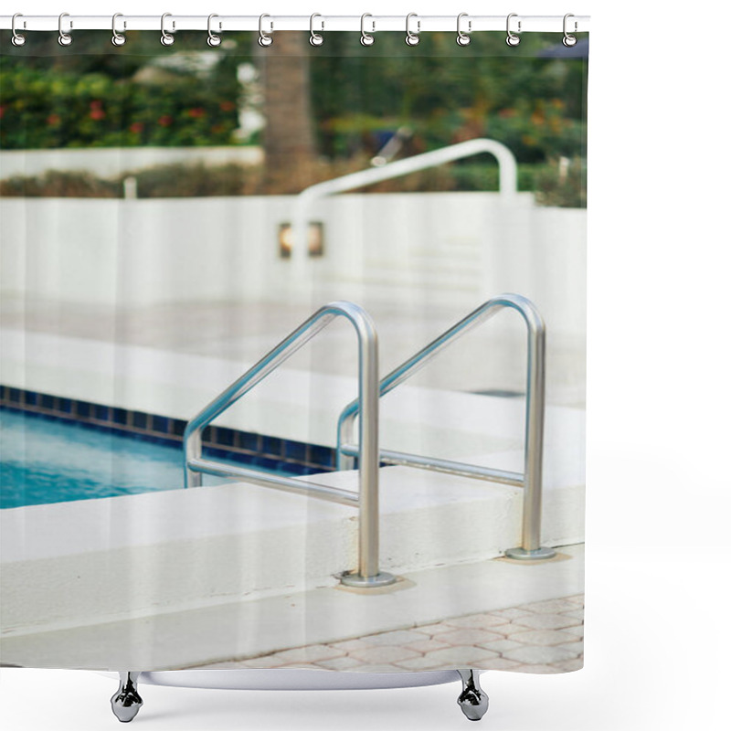 Personality  Outdoor Swimming Pool With Bright Blue Water And Metallic Pool Ladder With Stainless Handrails In Luxury Hotel Resort, Blurred Background, Vacation And Holiday Concept  Shower Curtains