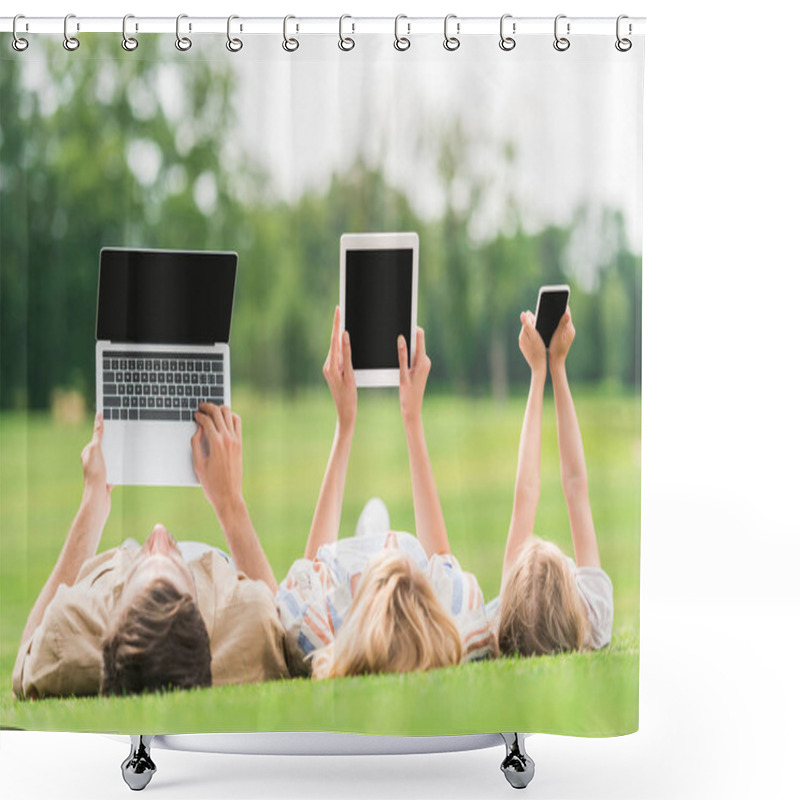 Personality  Family Lying On Grass And Using Digital Devices With Blank Screens Shower Curtains