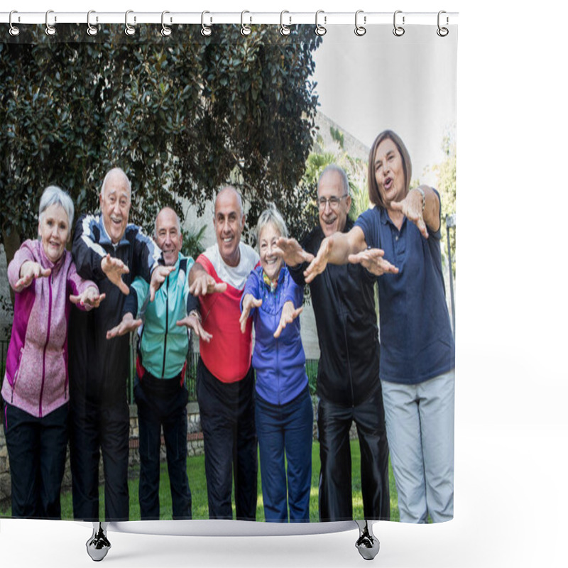 Personality  Group Of Happy Seniors Dressed In Sportswear , Do Exercise In A City Park Shower Curtains