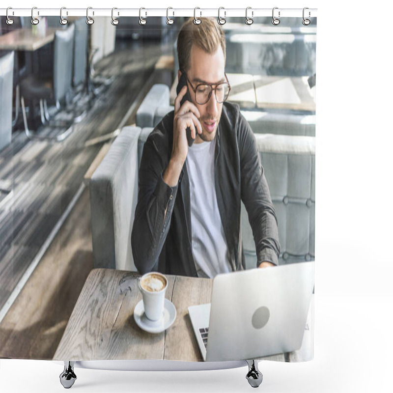 Personality  Attractive Young Freelancer Working With Laptop And Talking By Phone In Cafe Shower Curtains