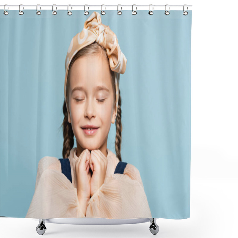 Personality  Cheerful Kid In Headband With Bow With Closed Eyes Isolated On Blue Shower Curtains