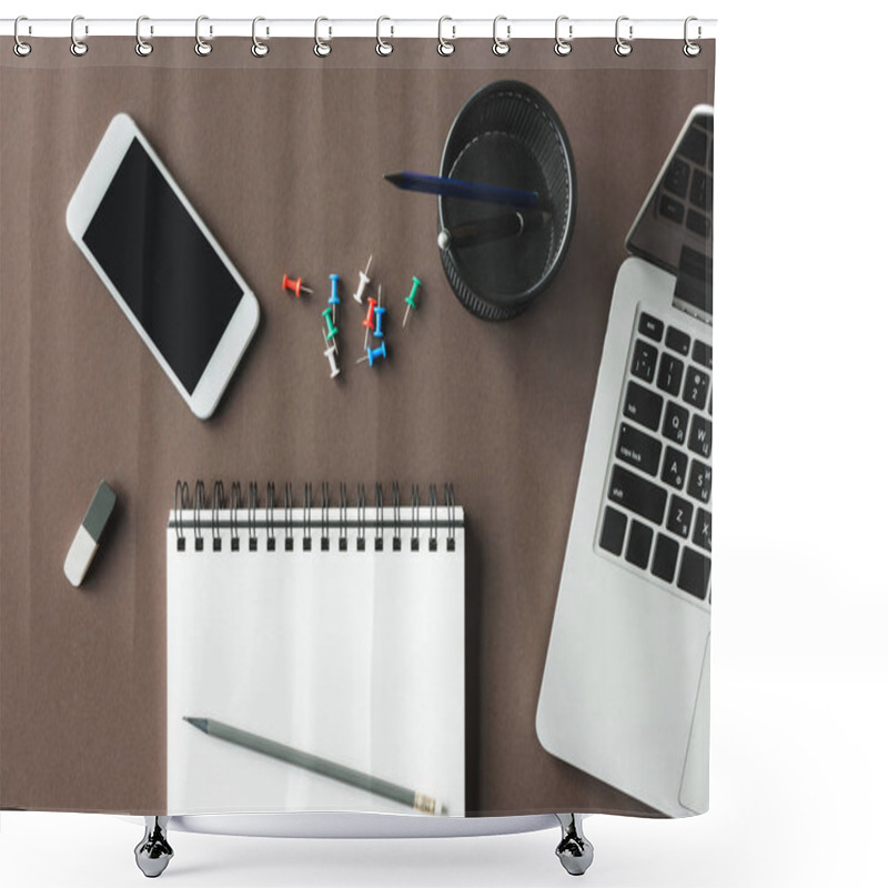 Personality  Notebook And Smartphone At Workplace  Shower Curtains