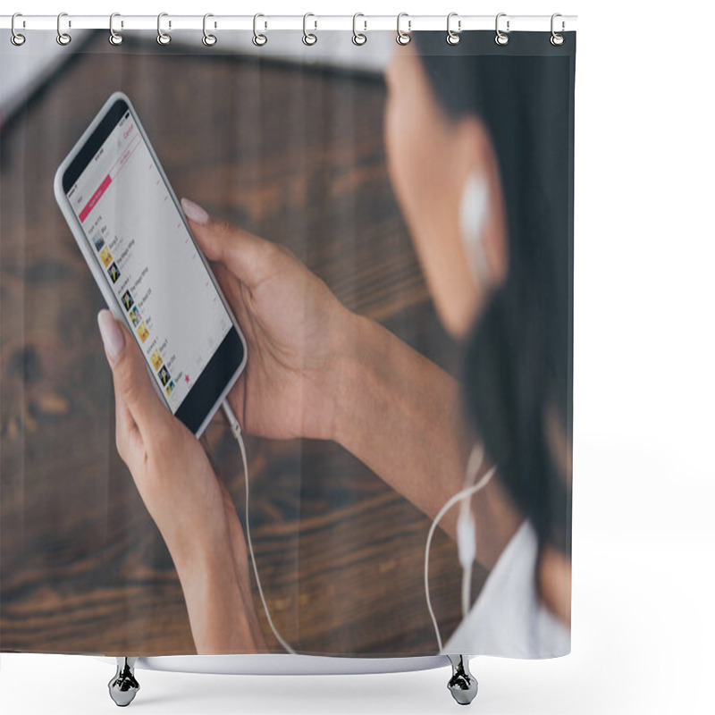 Personality  KYIV, UKRAINE - MAY 5, 2019: Partial View Of Woman In Earphones Holding Smartphone With Apple Music App On Screen. Shower Curtains