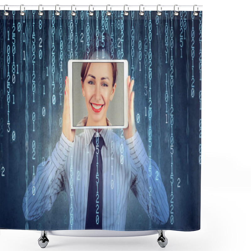 Personality  Happy Woman Holding Tablet With Her Face Displayed On A Screen Shower Curtains