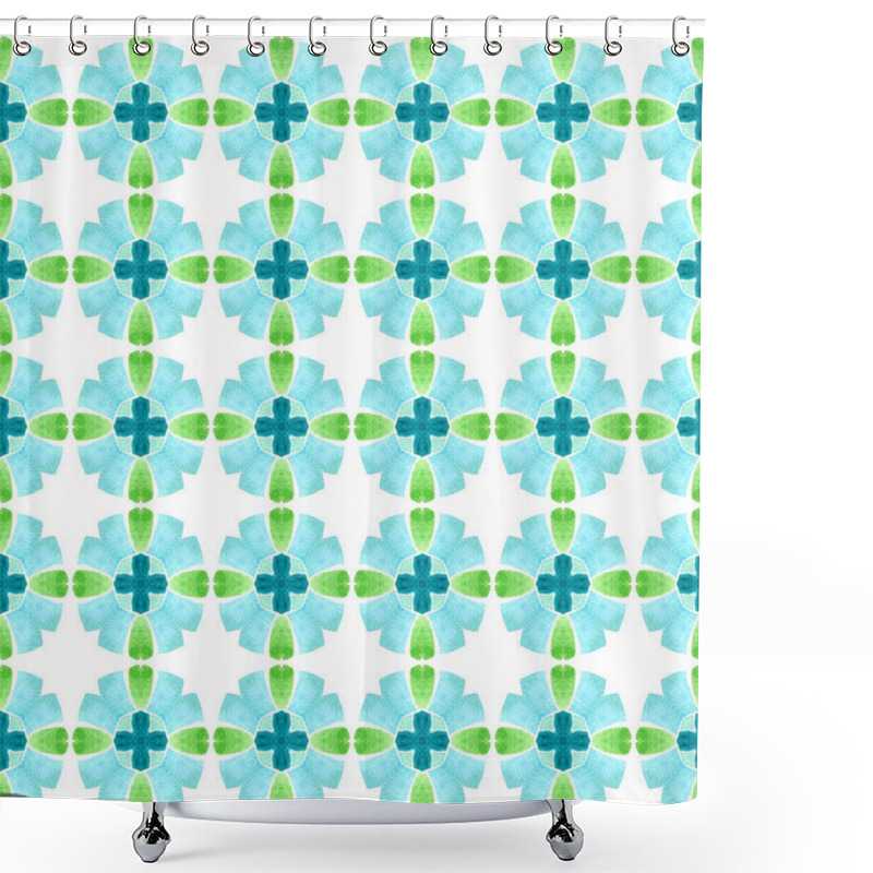 Personality  Ethnic Hand Painted Pattern. Green Authentic Boho Chic Summer Design. Textile Ready Marvelous Print, Swimwear Fabric, Wallpaper, Wrapping. Watercolor Summer Ethnic Border Pattern. Shower Curtains