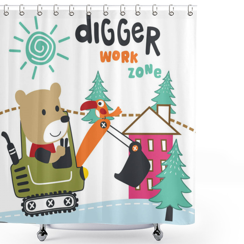 Personality  Cute Little Bear On A Blue Excavator. Can Be Used For T-shirt Print, Kids Wear Fashion Design, Print For T-shirts, Baby Clothes, Poster. And Other Decoration. Shower Curtains