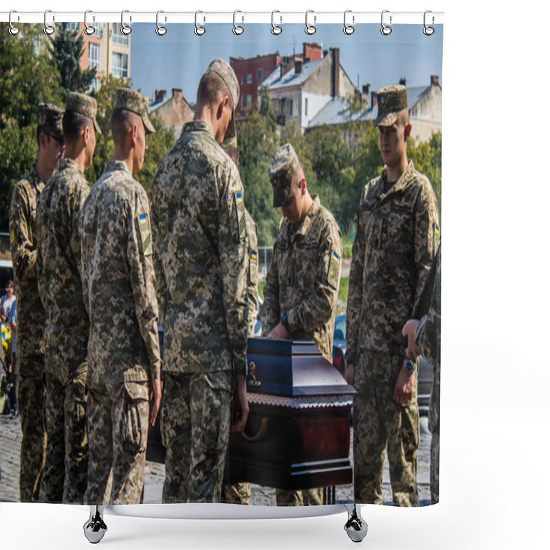 Personality  Lviv, Ukraine, August 31, 2024 Military Ceremony At The Field Of Mars, Military Cemetery Of Lviv, For The Funeral Of An Azov Soldier Who Died In A Battle Against The Russian Army. Shower Curtains