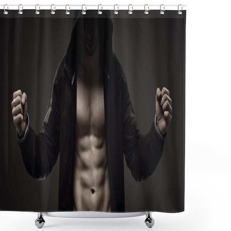 Personality  Strong Hooded Guy Making Muscles Shower Curtains