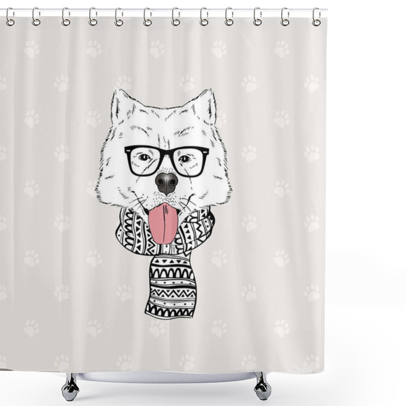 Personality  Samoyed Dog Fashion Portrait In Winter Scarf, Vector Illustration  Shower Curtains