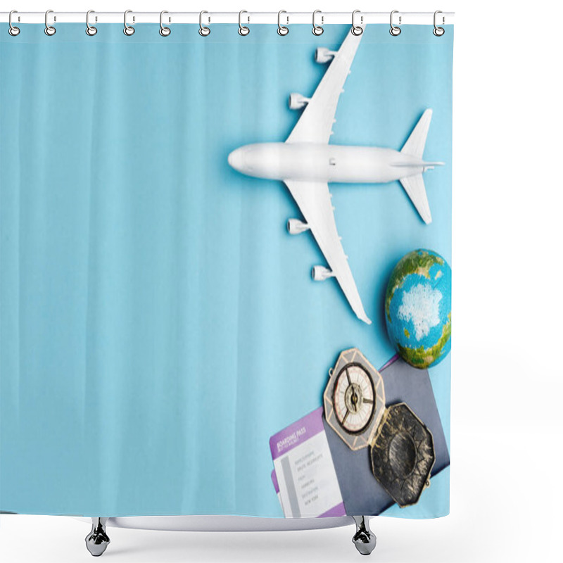 Personality  Top View Of White Plane Model, Compass, Globe And Tickets On Blue Background Shower Curtains