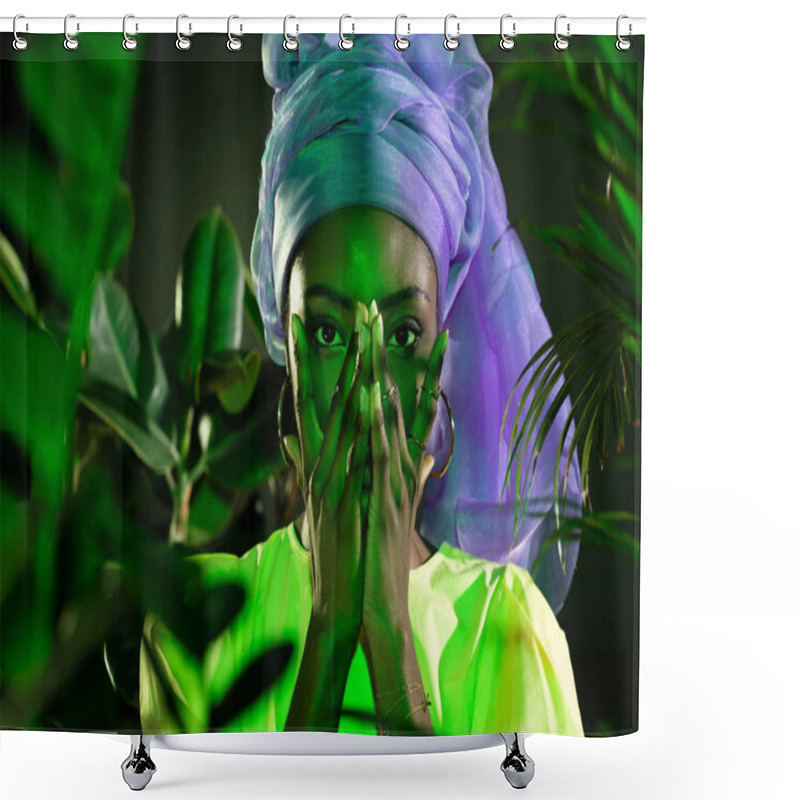 Personality  Young African American Woman In Traditional Wire Head Wrap Covering Face With Hands Under Green Light Shower Curtains