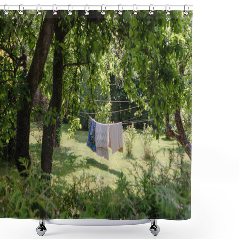 Personality  Drying Freshly Laundered Clothes In The Garden Among The Trees, Lithuanian Countryside Shower Curtains