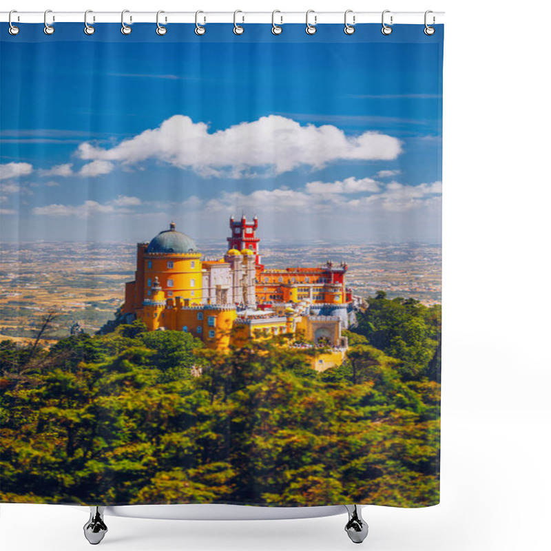 Personality  Famous Historic Pena Palace Part Of Cultural Site Of Sintra Against Sunset Sky In Portugal. Panoramic View Of Pena Palace, Sintra, Portugal. Pena National Palace At Sunset, Sintra, Portugal.  Shower Curtains