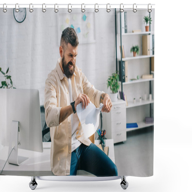 Personality  Aggressive Boss Sitting At Desk And Tearing Papers In Modern Office  Shower Curtains