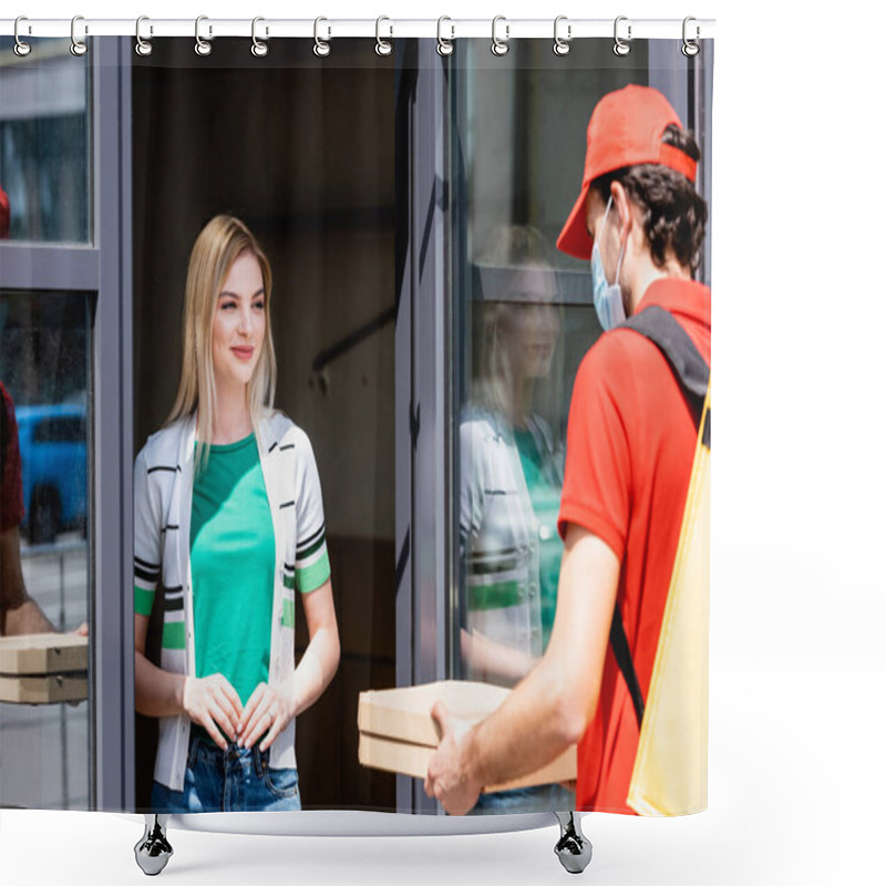 Personality  Selective Focus Of Smiling Woman Standing Near Door Of Building And Looking At Delivery Man In Medical Mask Holding Pizza Boxes  Shower Curtains