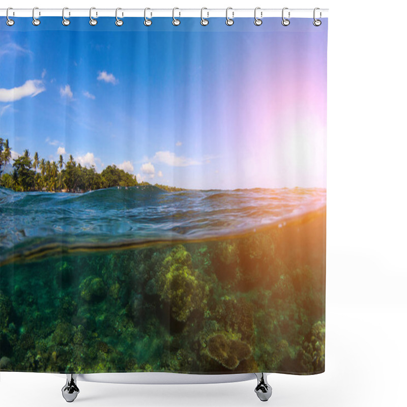 Personality  Split Landscape With Sea And Sky. Double Photo With Tropical Island And Underwater Coral Reef. Shower Curtains