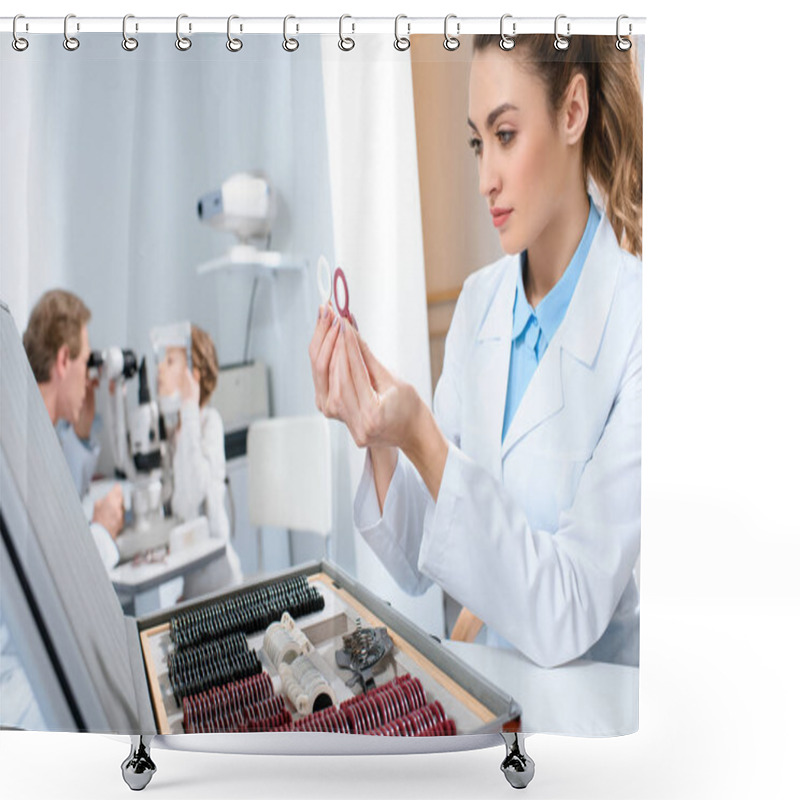 Personality  Female Optometrist Holding Lenses For Trial Frame While Colleague Examining Kid With Visual Field Test Shower Curtains