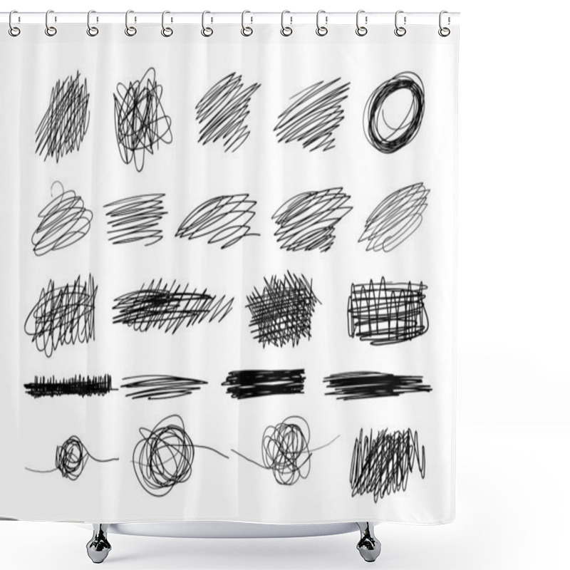 Personality  Scratch Lines Texture, Pencil Or Pen Handwriting, Linear Sketch, Design Elements. Doodle Vector Set Isolated On White Background. Black Abstract Elements Shower Curtains